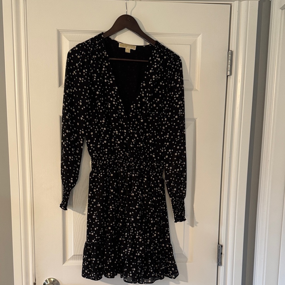Michael Kors Black Long-Sleeve Polka Dot V-Neck Dress